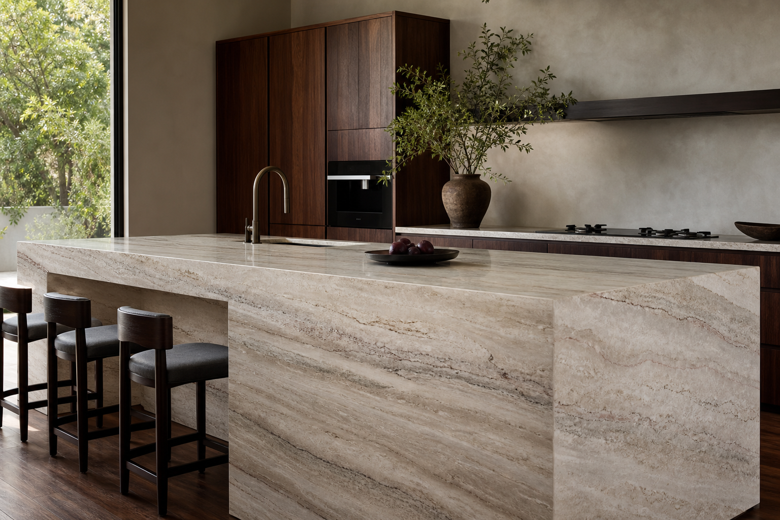 Cocina contemporánea con isla de piedra natural