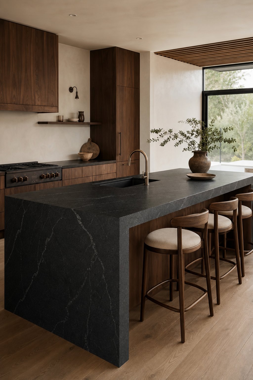 Cocina con tablero de piedra clara y vetas marcadas